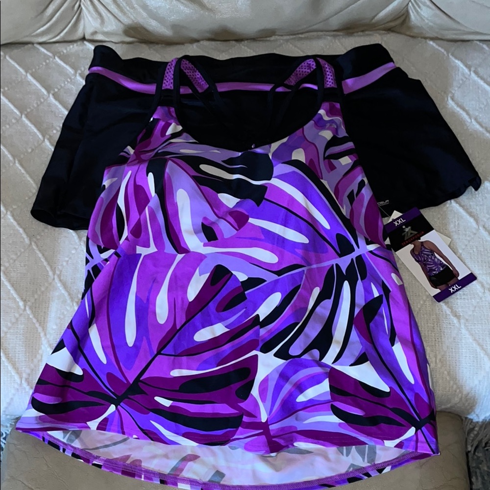 NWT ZERO X POSUR Women's Purple Leaf Print Top. Size XXL. - Picture 1 of 7